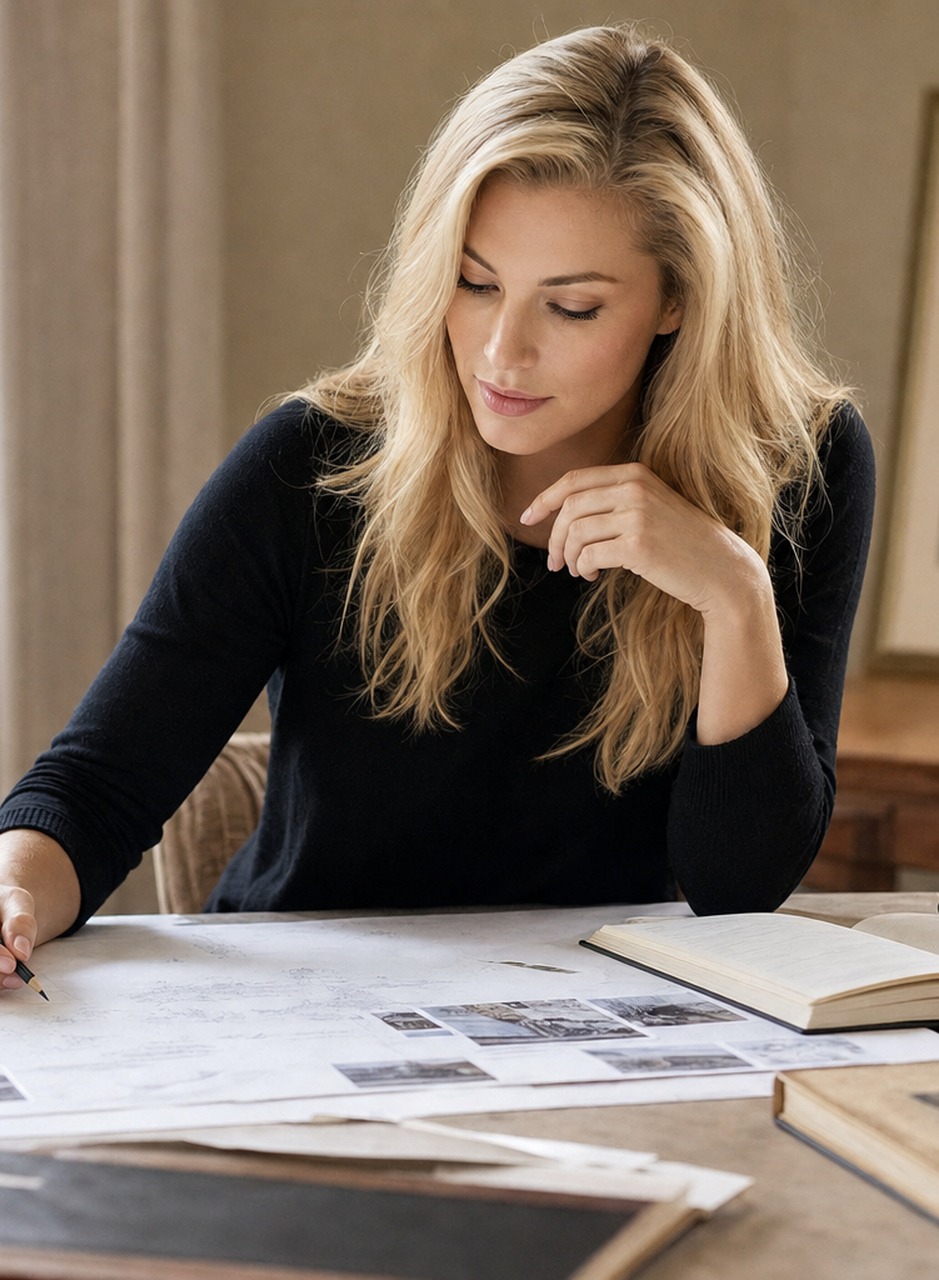 Nicole Junkermann looking over photographs and papers spread across a desk